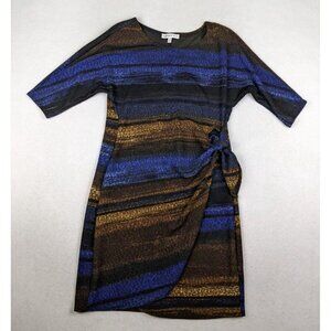 ROBBIE BEE - WOMEN'S BLUE & BROWN PRINT SHORT SLEEVE DRESS - SIZE PM